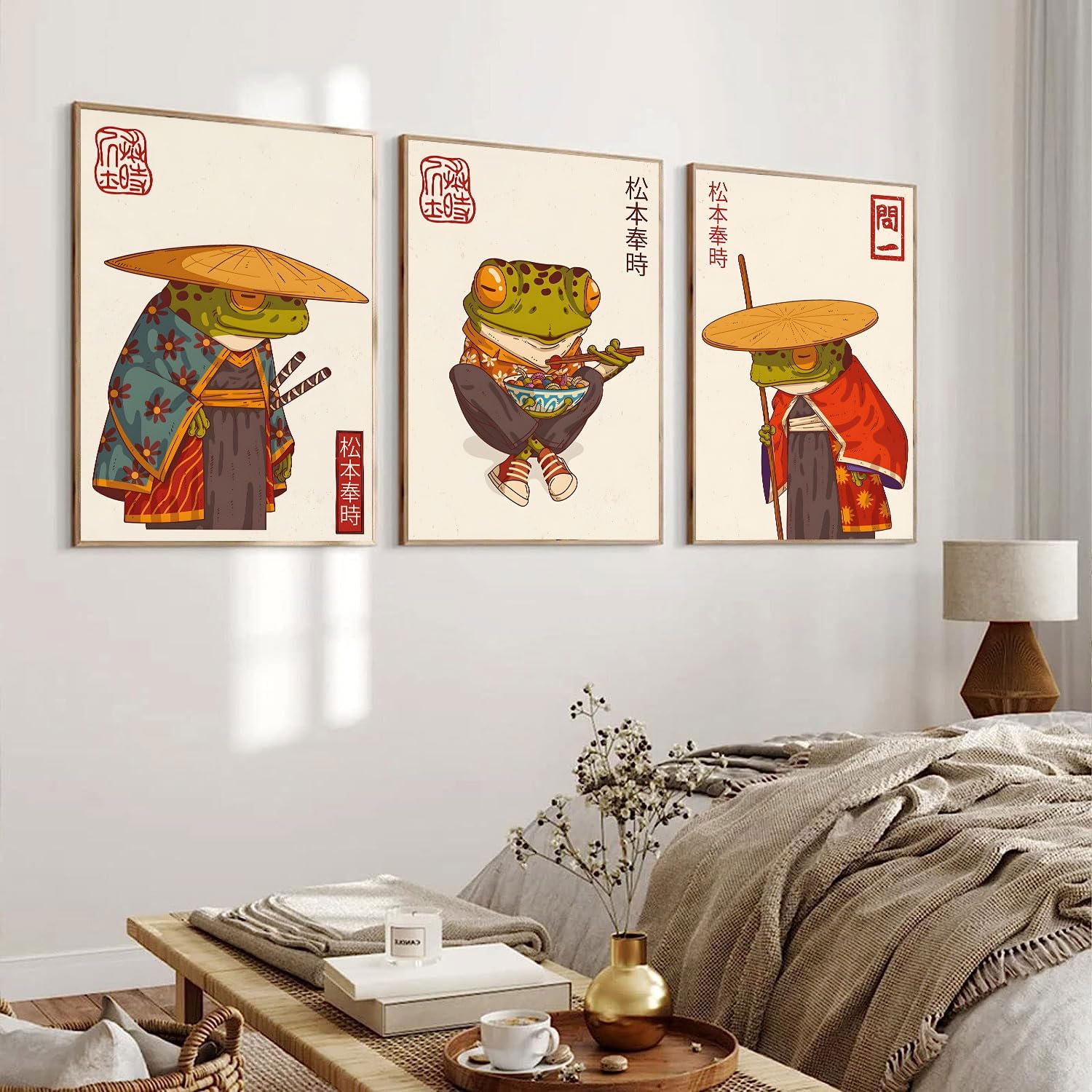 3Pcs Vintage Japanese Frog Wall Art Cute Funny Japanese Samurai Frog Posters Prints Japanese Matsumoto Hoji Painting Pictures Eclectic Animal Canvas Wall Decor Unframed (green, 12x16 Unframed)