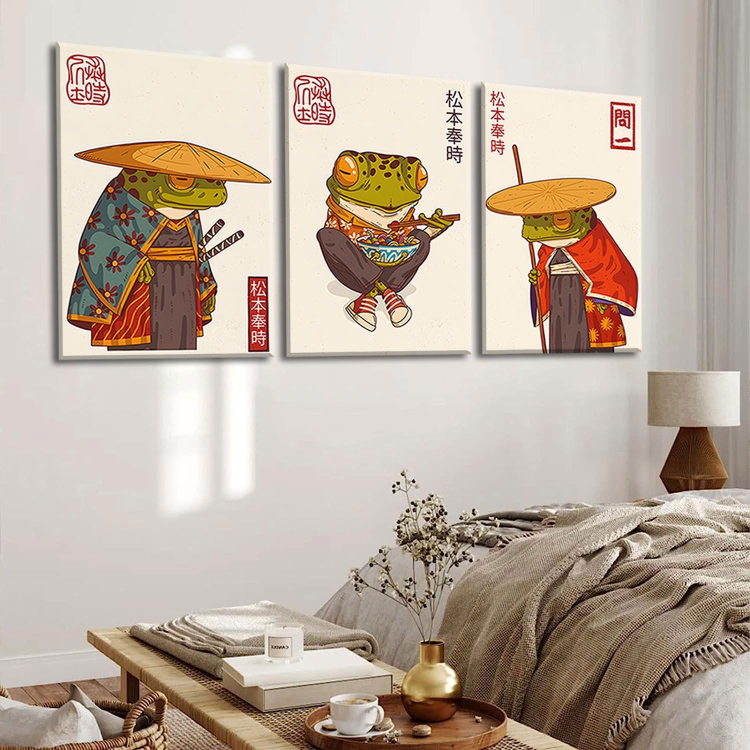 3Pcs Vintage Japanese Frog Wall Art Cute Funny Japanese Samurai Frog Posters Prints Japanese Matsumoto Hoji Painting Pictures Eclectic Animal Canvas Wall Decor Unframed (green, 12x16 Unframed)