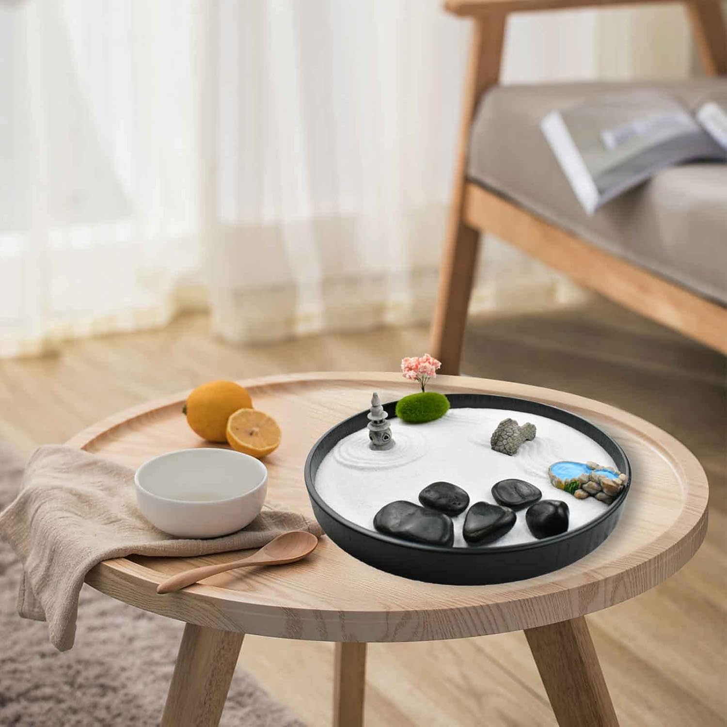 Artcome Japanese Zen Sand Garden for Desk with Rake, Stand, Rocks and Mini Furnishing Articles - Office Table Accessories, Mini Zen Sand Garden Kit - Meditation Gifts