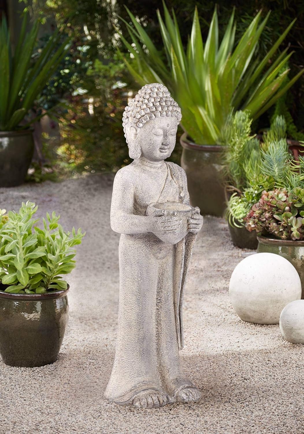 John Timberland Standing Buddha Statue Sculpture Zen Asian Japanese Garden Decor Indoor Outdoor Front Porch Patio Yard Outside Home Balcony House Exterior Lawn Gray Faux Stone Resin 32 Tall