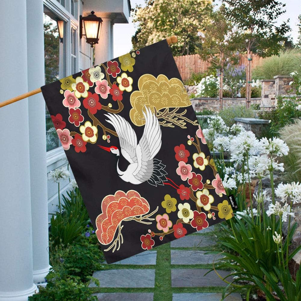 Moslion Japanese Crane House Flag Asian Oriental Heron Bird Colorful Floral Brach Clouds Summer House Flag Decorative Outdoor House Flags Double-Sided Cotton Linen 28x40 Inch