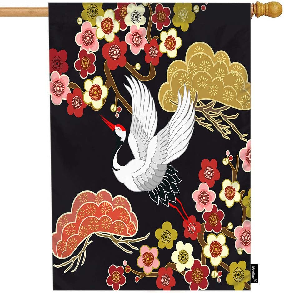 Moslion Japanese Crane House Flag Asian Oriental Heron Bird Colorful Floral Brach Clouds Summer House Flag Decorative Outdoor House Flags Double-Sided Cotton Linen 28x40 Inch