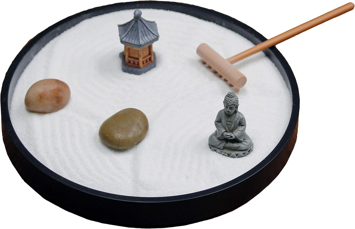 Natures Mark Mini Zen Garden Kit for Desk with Rake, White Sand, Black Round Base, Miniature Pagoda Figure, River Rocks and Miniature Buddha Figure (6Lx6W Round B)