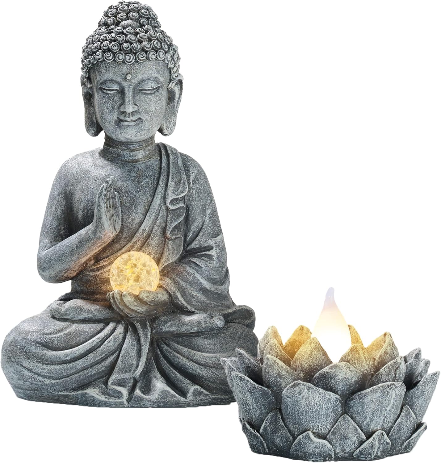 TERESAS COLLECTIONS Meditating Buddha Statue and Lotus Lantern Garden Statue with Solar Lights, Set of 2 Rustic Buddha Outdoor Statue Spiritual Zen Garden Decor for Patio Porch Yard Decorations