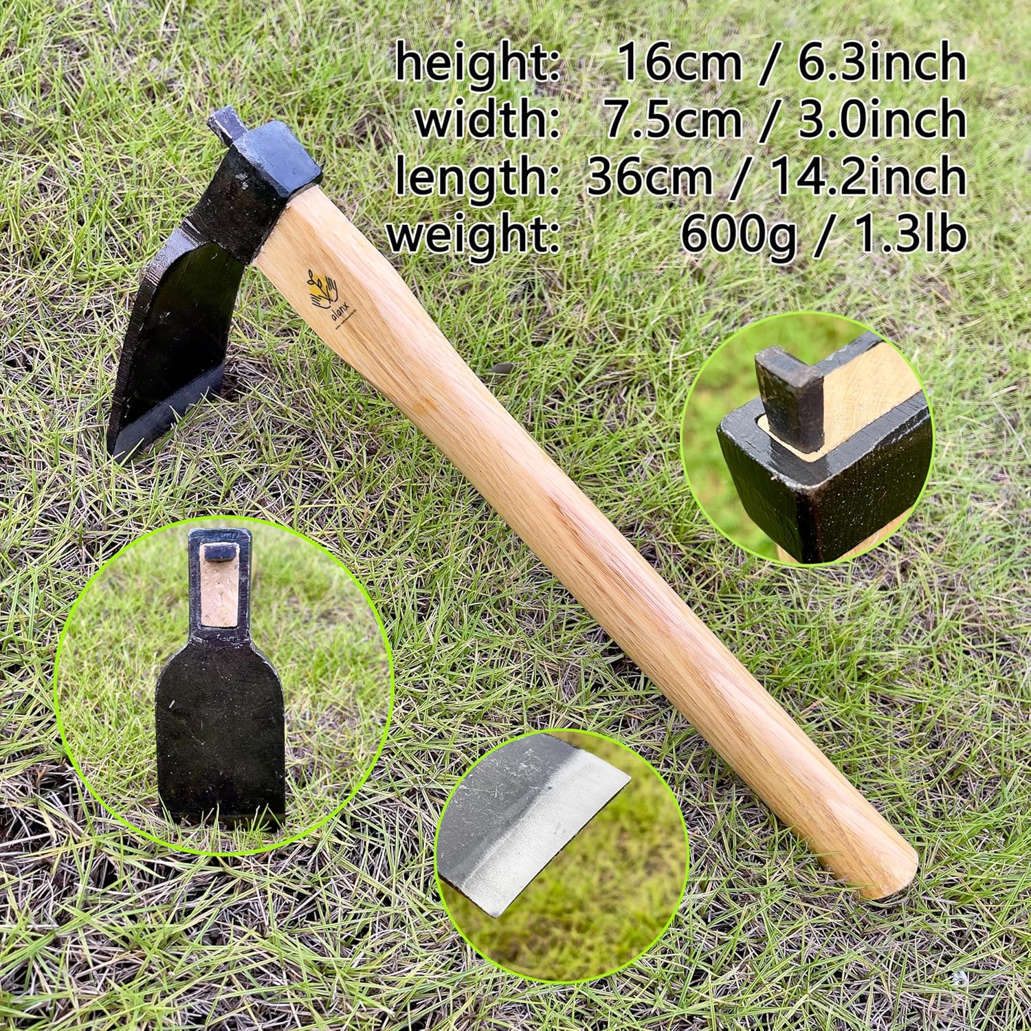 14 Inch Japanese Style Hoe, Heavy Duty Hoe, Without Welding, Gardening Tool, Oak Handle, for Digging, Weeding, and Planting