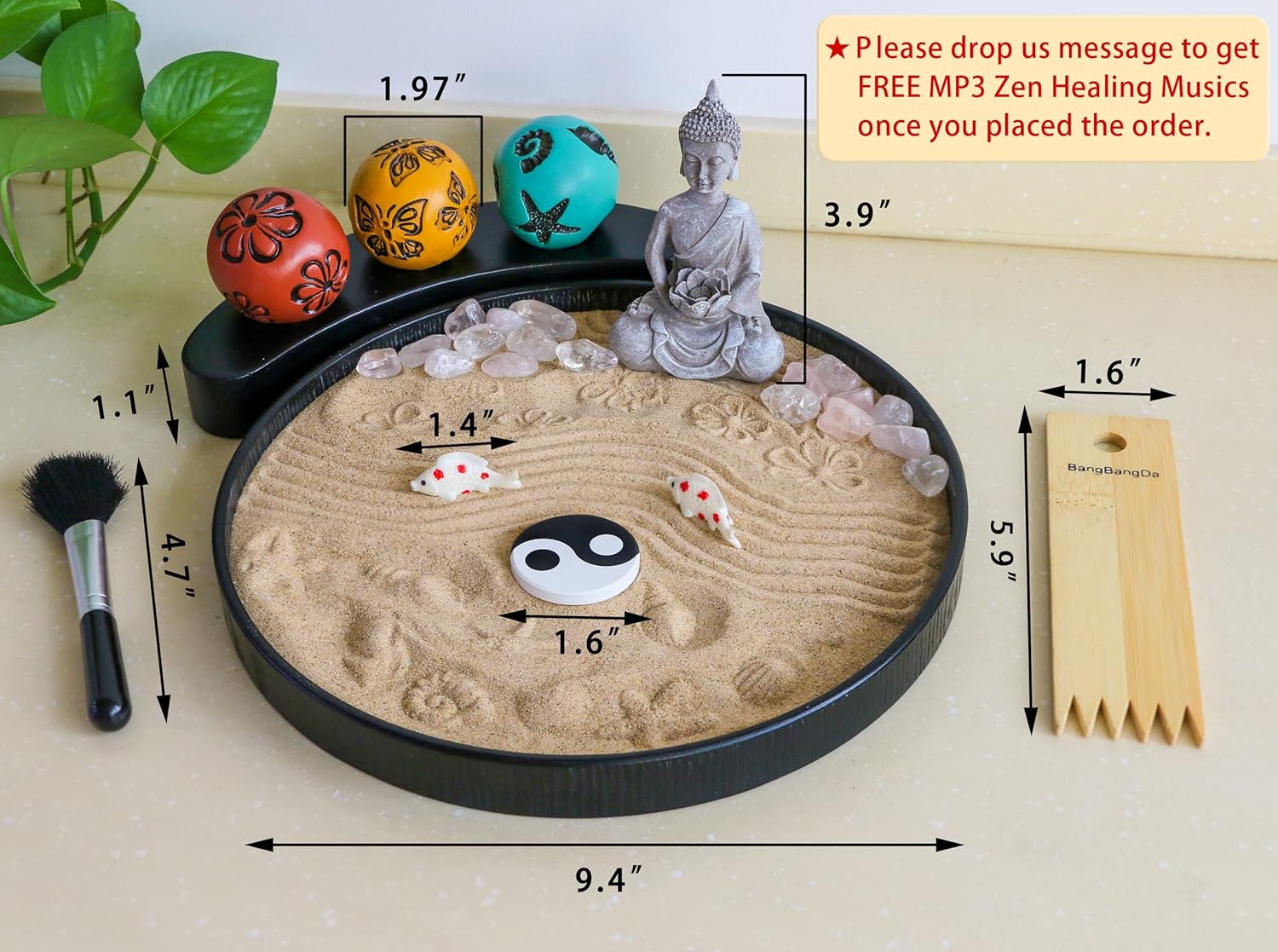 Japanese Meditation Buddha Zen Garden - Tabletop Crystal Rock Sand Zen Garden Kit for Desk Sandbox w/Zen Rake Stamp Spheres Accessories Tools Healing Stone Office Relaxation Zen Decor Zen Gifts