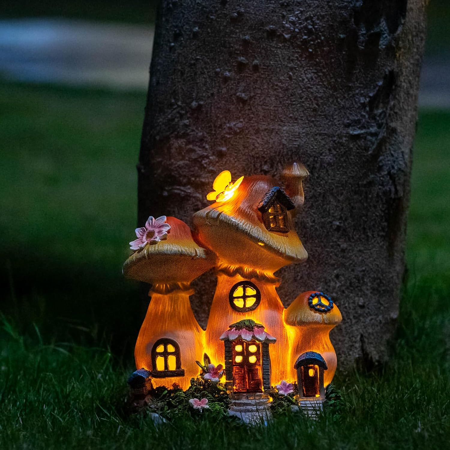 Solar Garden Statue Lights Mushroom Fairy House Figurine, Outdoor Memorial Garden Ornaments Gift Waterproof Decoration for Outside Patio Yard Lawn Decor