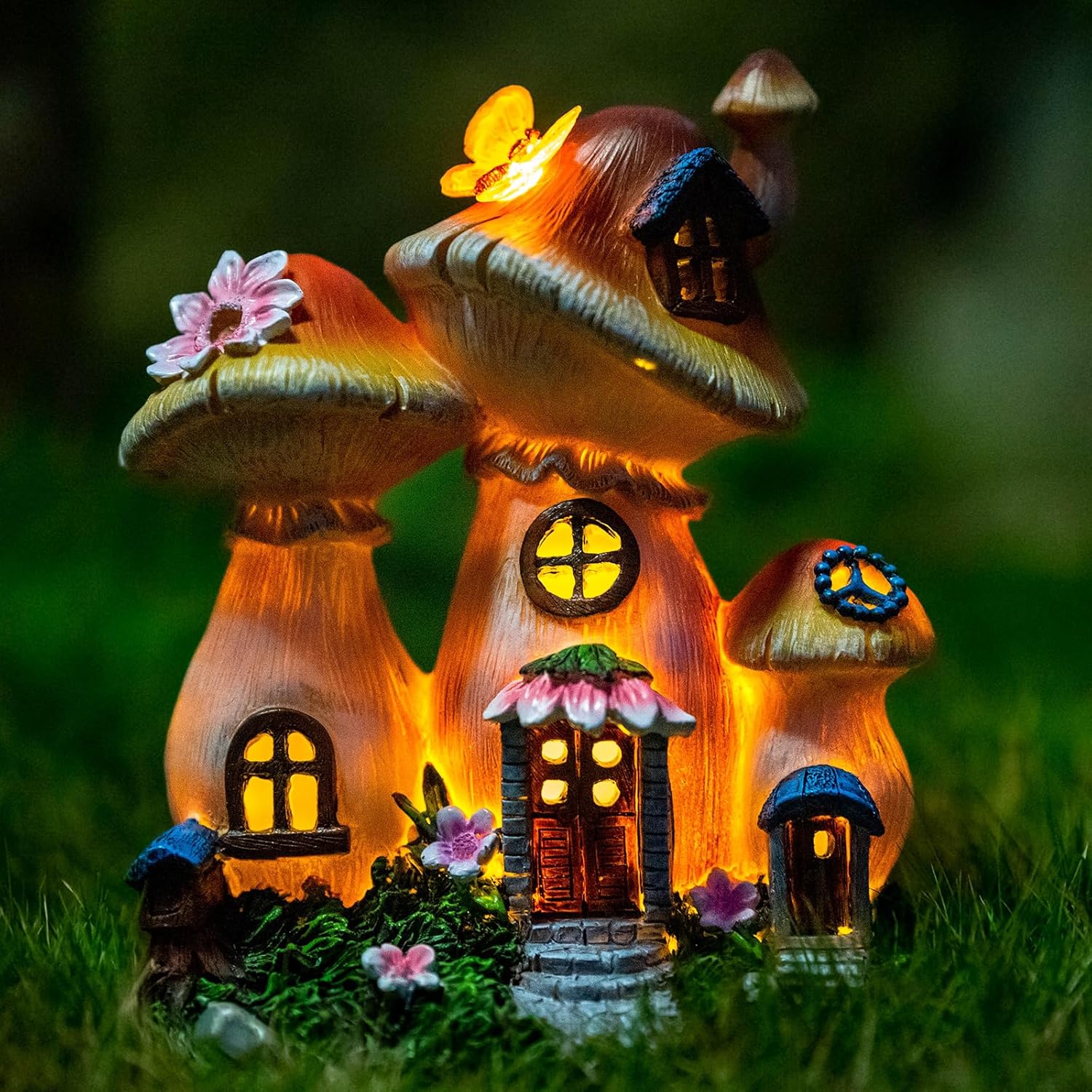 Solar Garden Statue Lights Mushroom Fairy House Figurine, Outdoor Memorial Garden Ornaments Gift Waterproof Decoration for Outside Patio Yard Lawn Decor