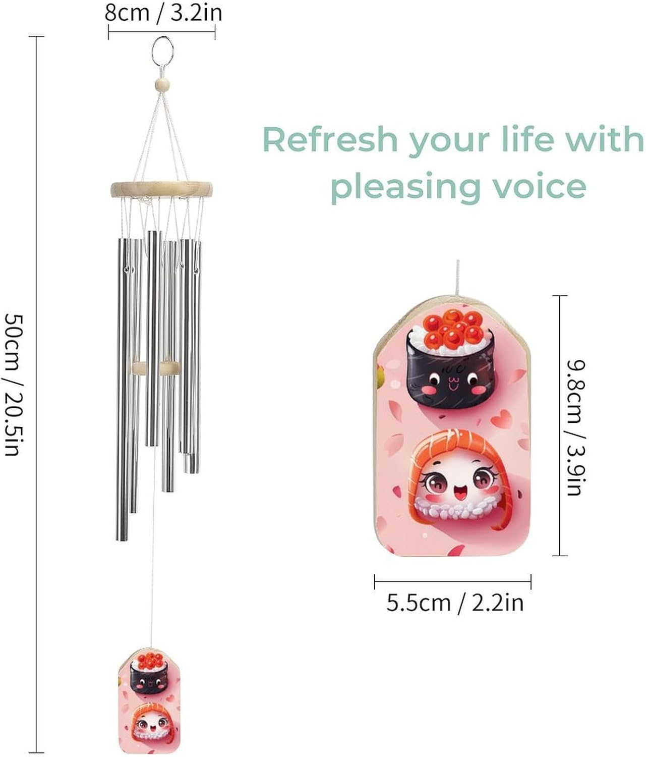 Funny Japanese Food Sushi Aluminum Wind Chimes Memorial Windchimes Personalized Wind Bells for Outside Patio Home Garden Decor Gifts