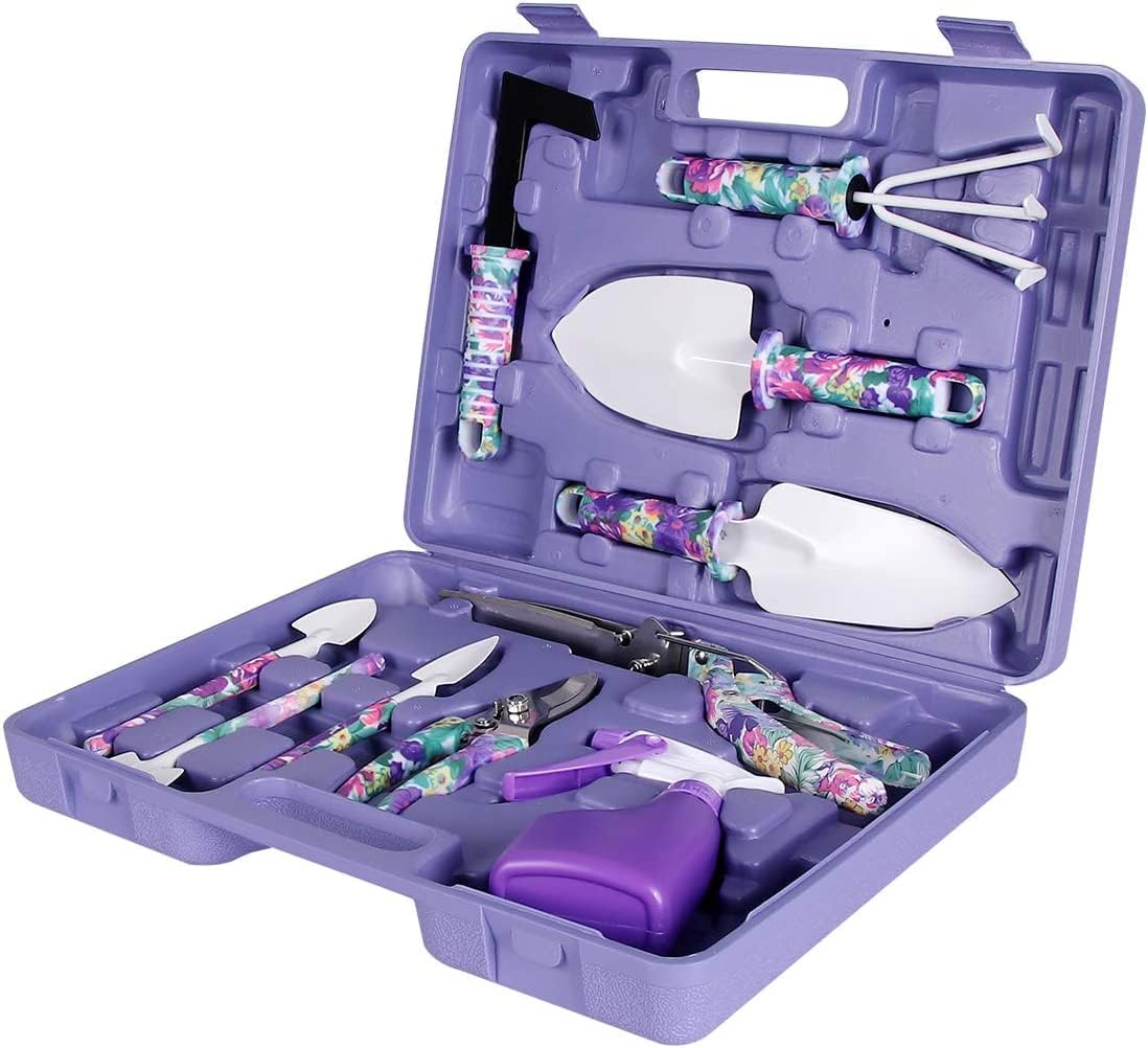 Gardening Tools Set, Unique Gardening Gifts for Women, Gardening Hand Tools with Purple Carrying Case, Gardening Kit for Home Gardening Flowers Potted Trim Loosing Planting Tools (5purple)