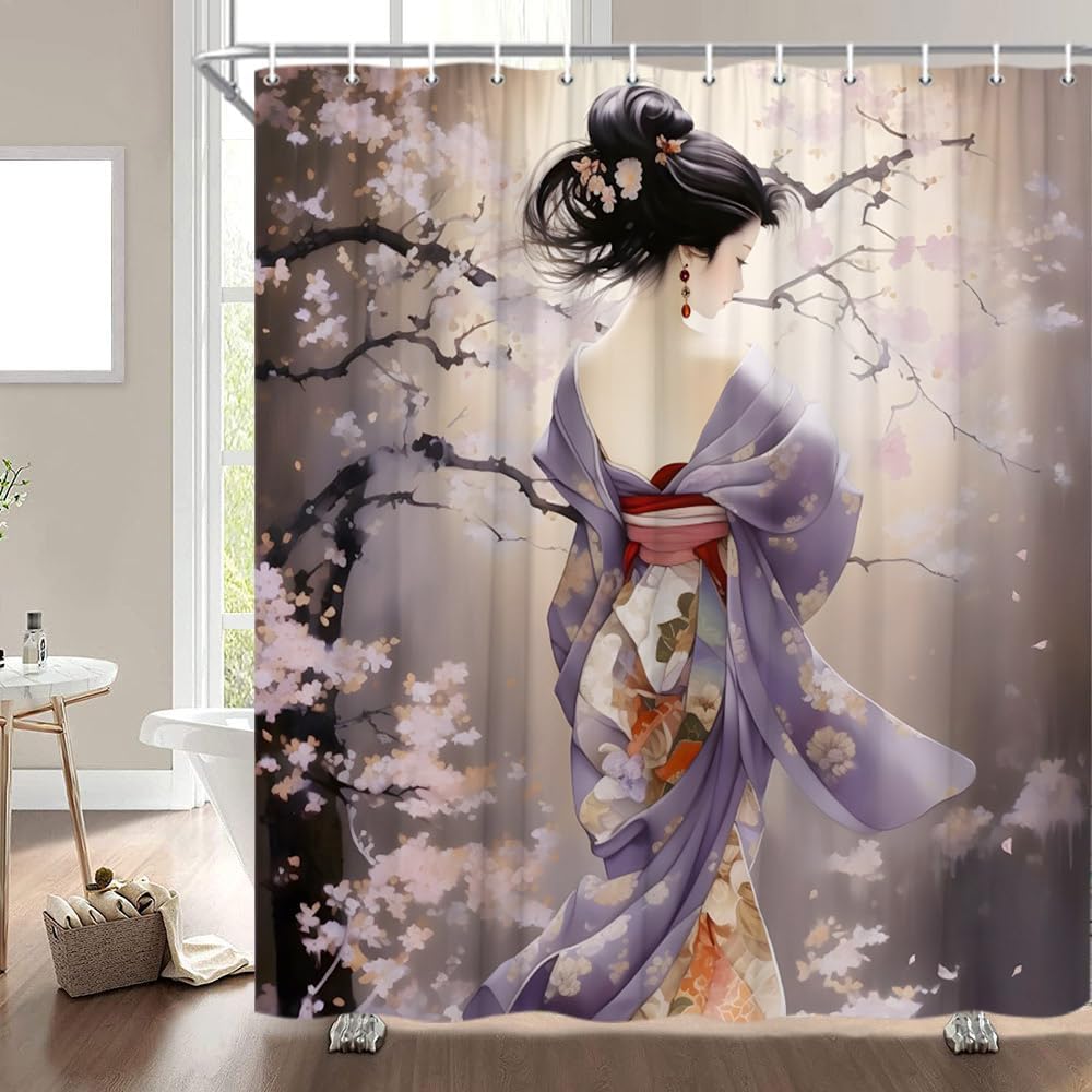 Japanese Shower Curtain Geisha Girl Pink Cherry Blossom Spring Flower Asian Garden Oriental Retro Art Bathroom Decor Curtains Polyester with Hooks