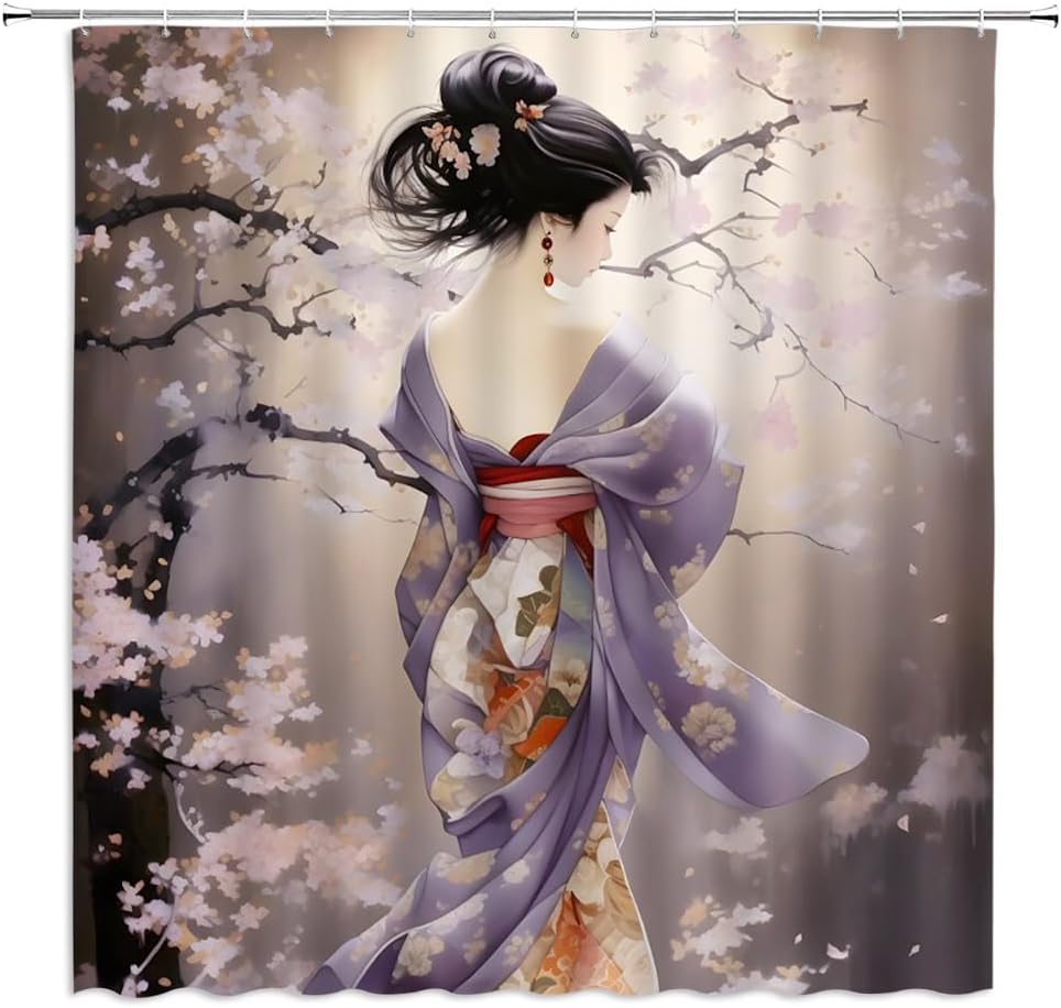 Japanese Shower Curtain Geisha Girl Pink Cherry Blossom Spring Flower Asian Garden Oriental Retro Art Bathroom Decor Curtains Polyester with Hooks