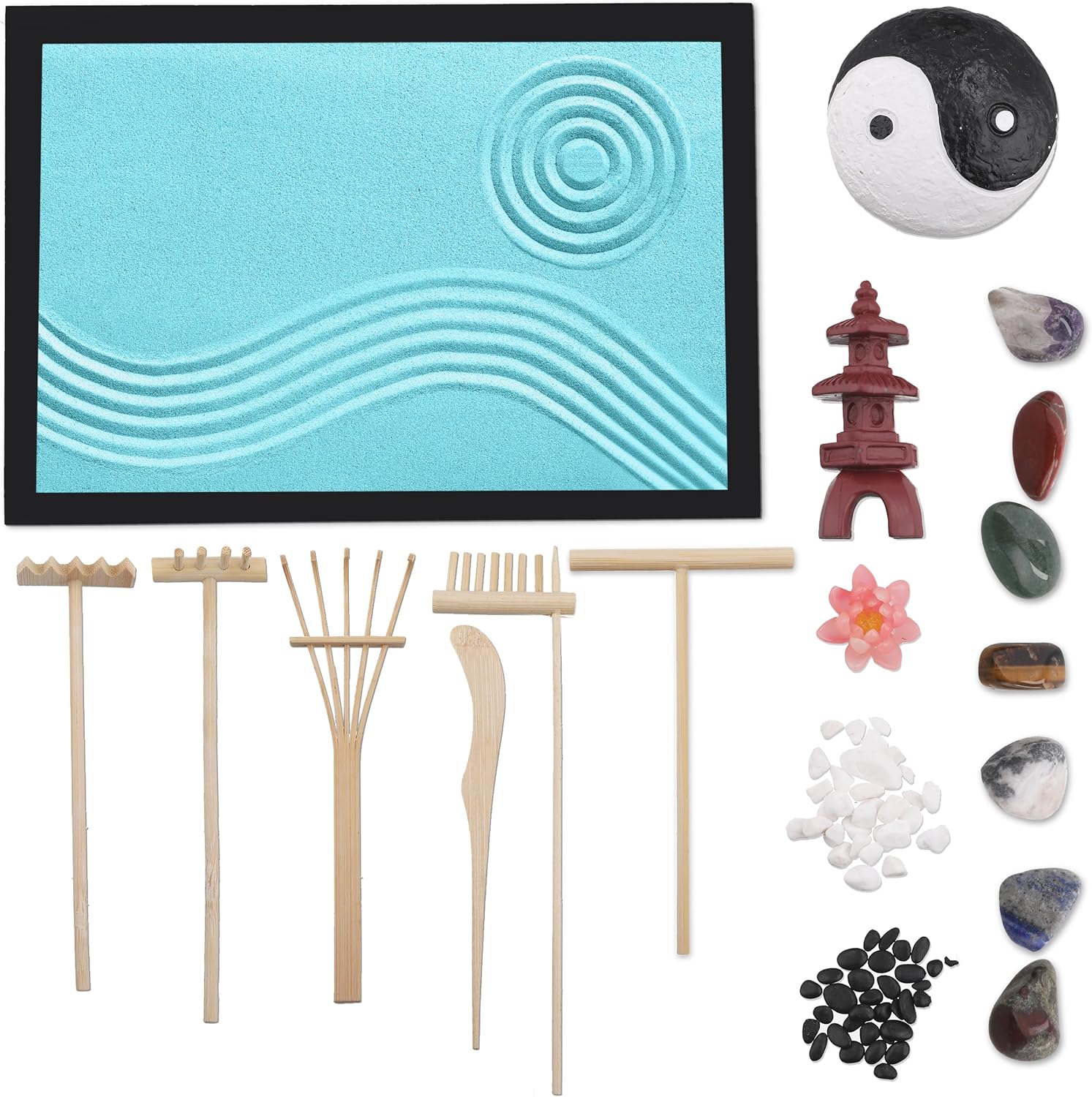 Premium Zen Garden for Desk, Sand Tray Therapy Kit, Therapy Office Decor, 11x8in - 11 Japanese Desktop Zen Garden Accessories and 6 Sand Rake Tools for Home and Office Meditation