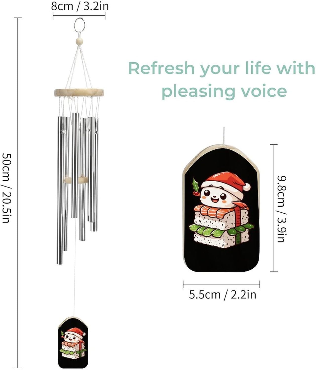 Sushi Santa Hat Christmas Japanese Food Aluminum Wind Chimes Memorial Windchimes Personalized Wind Bells for Outside Patio Home Garden Decor Gifts