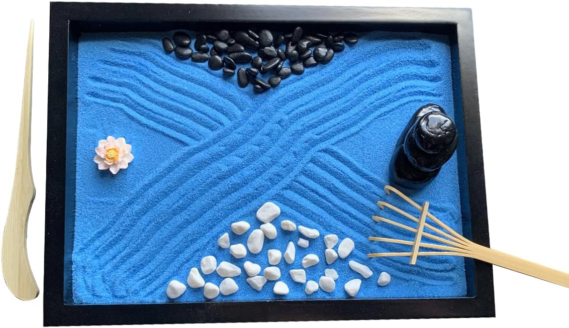 Zen Garden Kit,Japanese Decor Mini Rock Garden Meditation Gifts Set,Home Office Desk Accessories, Zen Sand Garden,Aqua Blue Sand