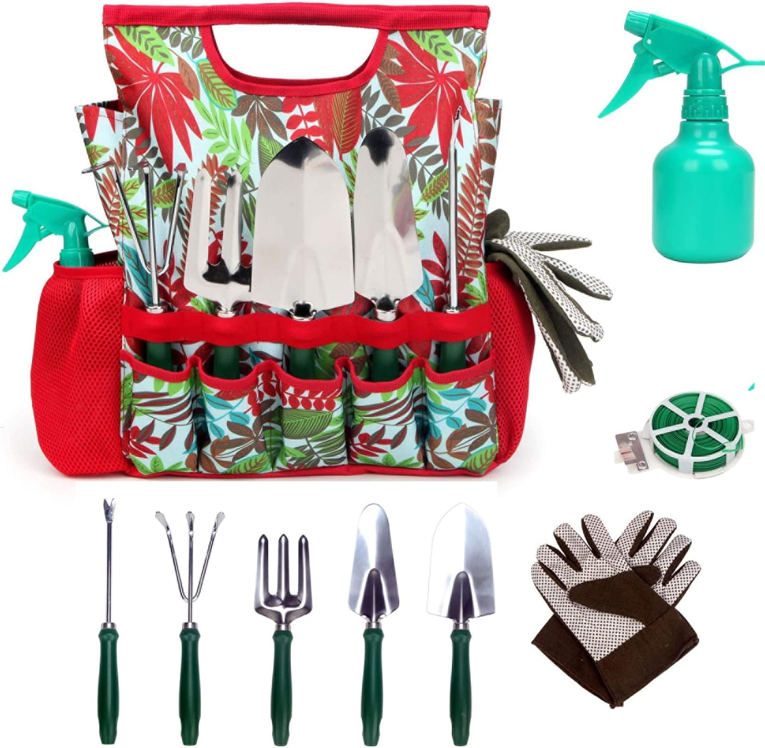 9-Piece Garden Tools Set with Gloves and Colorful Tote - Gardening Hand Tools Kit with Storage Bag