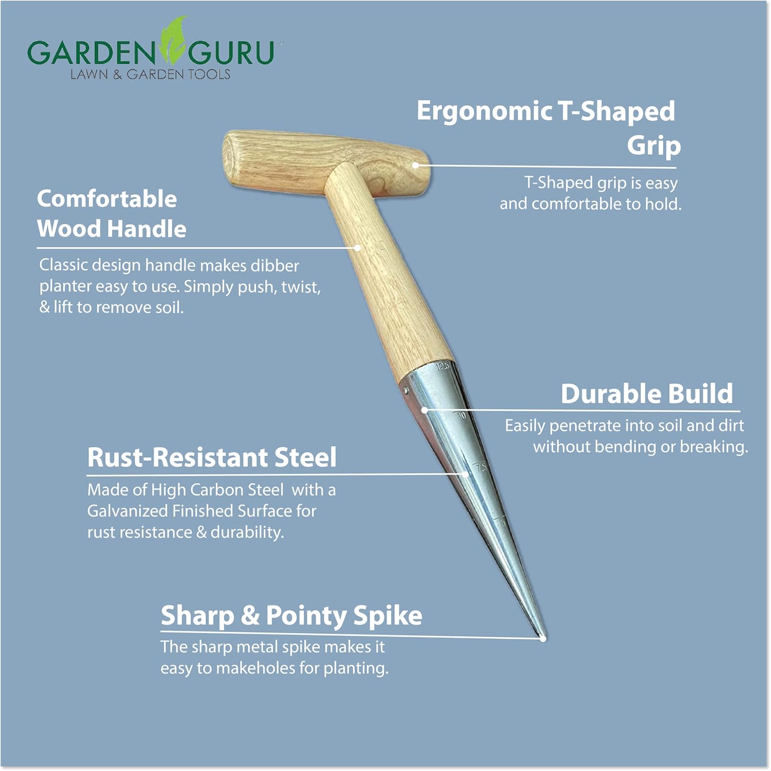 Garden Guru Steel Dibber Planter Tool for Planting Seeds  Bulbs - High Carbon Steel  Comfortable Wood Carved Handle - for Consistent Planting Flowers Tulips, Daffodils, Dahlias