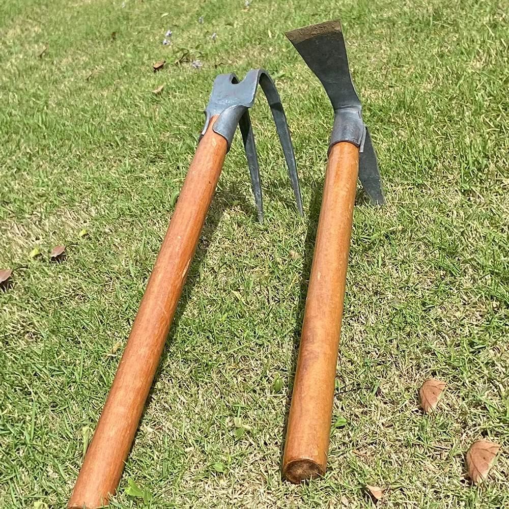 2PCS 19.6 Inches Garden Pick, 2 Prong Hand Hoe Tool Set Garden Tool with Wooden Handle, Transplanting Digging Planting Loose Soil Camping or Prospecting