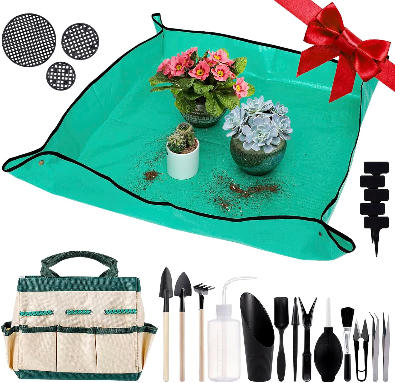 44 pcs Succulent Tool Set - 39.4 Indoor Plant Repotting Mat and 19 Pcs Mini Gardening Hand Tools Bag, Garden Plants Transplanting Supplies for Women Christmas Holiday Gardener Gifts Outdoor, Green