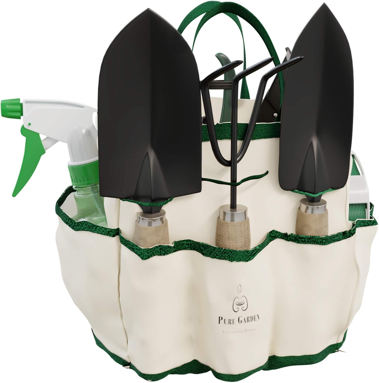 8-Piece Garden Hand Tool Set - Canvas Tote Gardening Tool Kit with Snip, Pruner, Rake, Trowel, Shovel, Spray Bottle, and Soft Wire Tie by Pure Garden